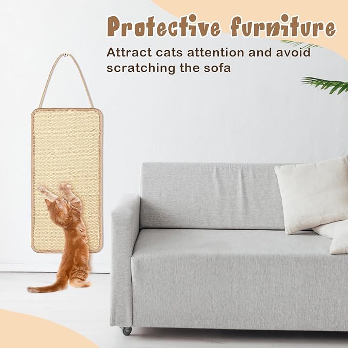 2 Pack Sisal Door Cat Scratching Mat Double Use Hanging Scratcher Wall Floor Mount Cat Scratch Mat Kitty Scratching Pad for Indoor Kitten with Hemp Rope, 7.87"x19.69"(Regular,Natural)