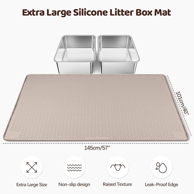 Cat Litter Mat, XL Extra Large 57" x 40" Silicone Mat Litter Trapping Mat for Scatter Control, Soft on Kitty Paws, Easy to Clean (Khaki)