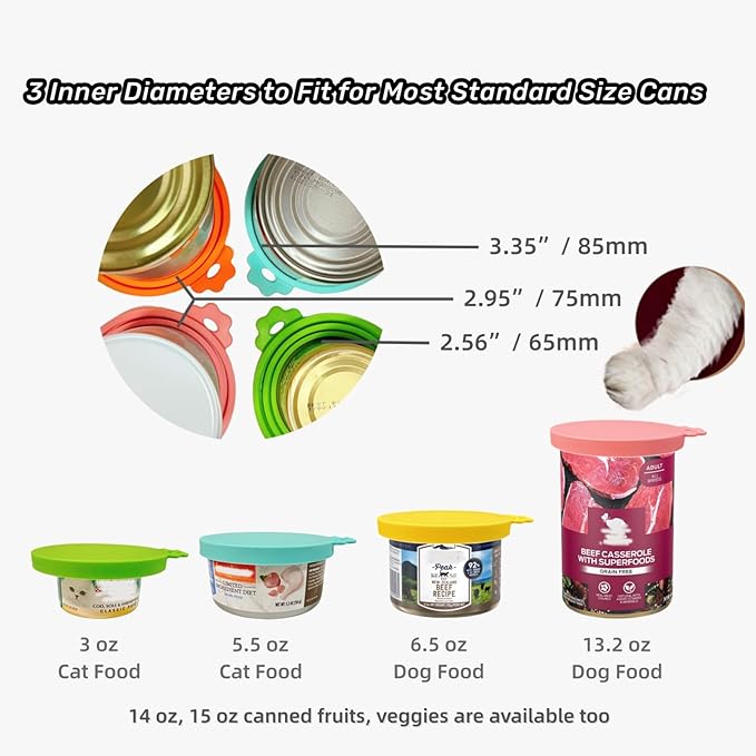 MoPawKT- Silicone Cat/Dog Food Can Covers Lids, Universal 3 Sizes Fit for 3oz, 5.5oz, 6.5oz, 13oz, 13.2oz Pet Food Cans, BPA Free, Reusable (box set of 2 lids in Green & Yellow)