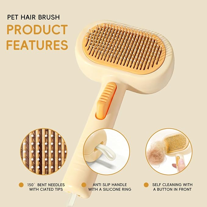 Professional Cat & Dog Deshedding Brush - 1-Button Release Grooming Tool for Long/Short Hair Cats, Dogs, Rabbits & Small Animals (Orange)