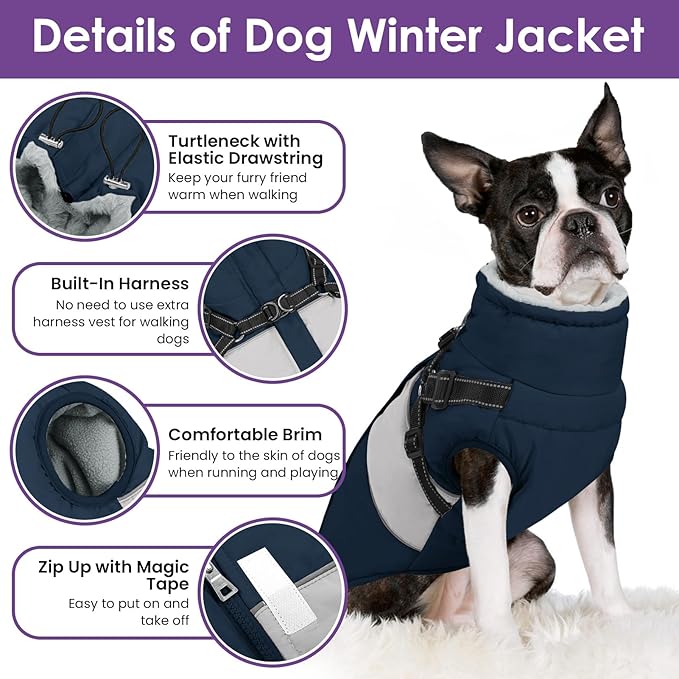 SUNFURA Dog Coat, XXL Dog Jacket Winter with Harness Built in, Waterproof Pet Snow Jacket with Furry Collar for Chilly Day, Reflective Fleece Snowsuit for Extra Large Dogs, Navy Blue 2XL