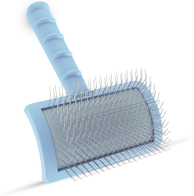 Slicker Brush for Poodles and Goldendoodles - Curved Brush for Thick, Fluffy, Shedding Fur on Dogs and Cats - Soft, Gentle Pins for Grooming (Blue)