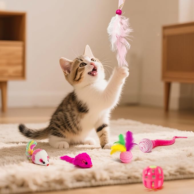 MALLMALL6 Cat Interactive Toys Set - 27Pcs Kitten Toys Stuff Pink Feather Teaser Wand Springs Mice Sisal Fish Crinkle Balls Bell Balls, Puzzle Pack for Indoor Kitty Play Exercise