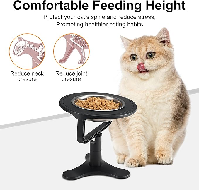 Raised Cat Bowls,Indoor Cats with Height-Adjustable Stand,Non-Slip Stainless Steel Bowls,15° Tilted Cat Food Bowls (2-Pack, Black)