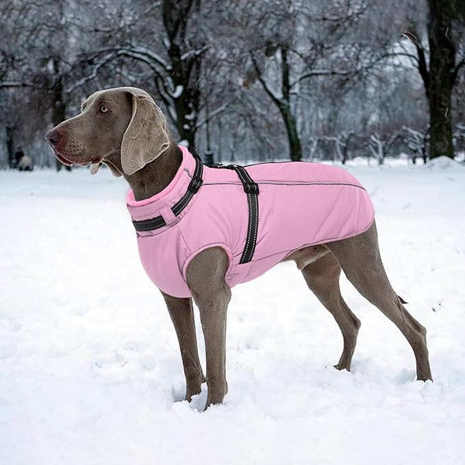 Lelepet Warm Dog Winter Coat Waterproof Dog Jacket with Harness Built in Windproof Reflective Fleece Jacket, Dogs Coats for Lage Dogs, Cozy Thermal Pet Snowsuit for Outdoor, French Bulldogs, Pink, L