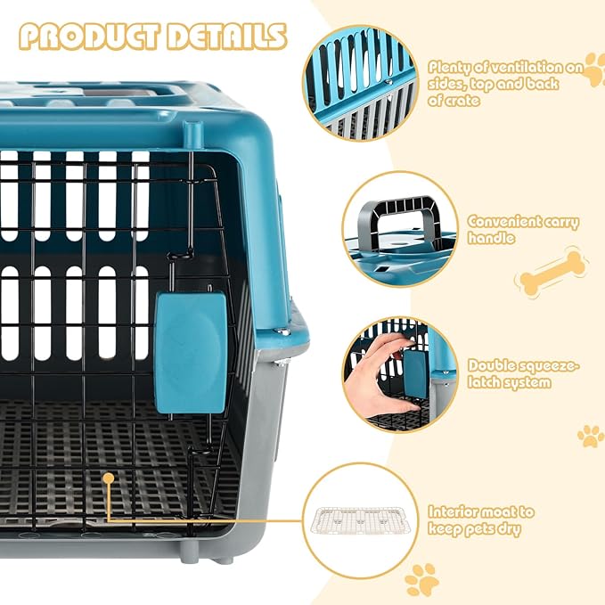 2 Set Travel Pet Carriers for Small Cat Dog Plastic Hard Shell Carrier Cat with Bowl Wire Door Grille Mat Portable Breathable Security Lock Puppy Kennel for Travel Airline, 17.5", up to 13lbs(Blue)