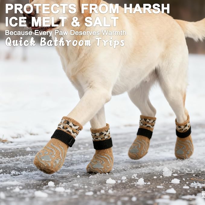 EXPAWLORER Dog Socks for Cold Winter Snow to Prevent Licking Paws, Anti Slip Doggie Grippy Booties Shoes for Hardwood Floors, Boots & Paw Protectors for Small Medium Large Senior Dogs Khaki M