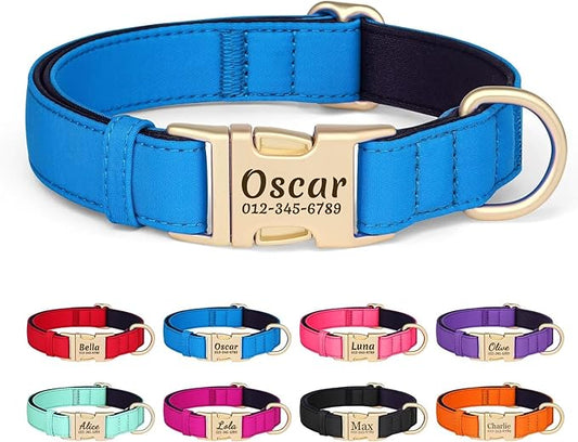 PET ARTIST Colorful Personalized Dog Collars, Custom Dog Collar with Silent Engraved ID Tag, Lightweight Breathable Nylon & Soft Padded, Matching Leash & Poop Bag for Large Dogs,Blue,L Fit 15-23"
