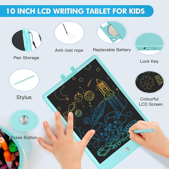 PYTTUR LCD Writing Tablet for Kids 10 Inch Colorful Toddler Doodle Board Drawing Tablet Reusable Electronic Drawing Pads Educational and Learning Toys for 3-8 Years Old Boy and Girls（Blue）
