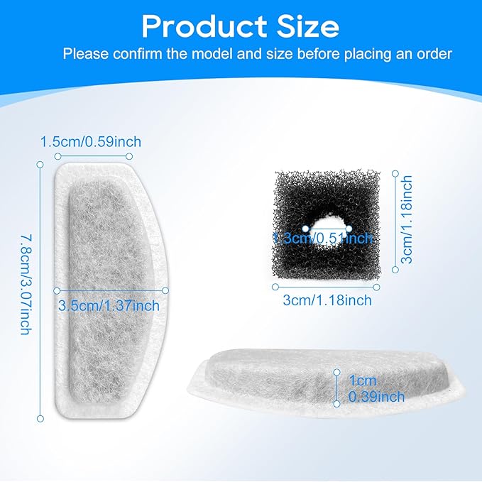 Cunina 12+6 Pack Cat Fountain Filters Replacement For D30 67oz/2l Pet Fountain Filters Replacement 12 Pcs Filter and 6 Pcs Replacement Pre-Filter Sponges Compatible with ORSDA Pet Water Fountains