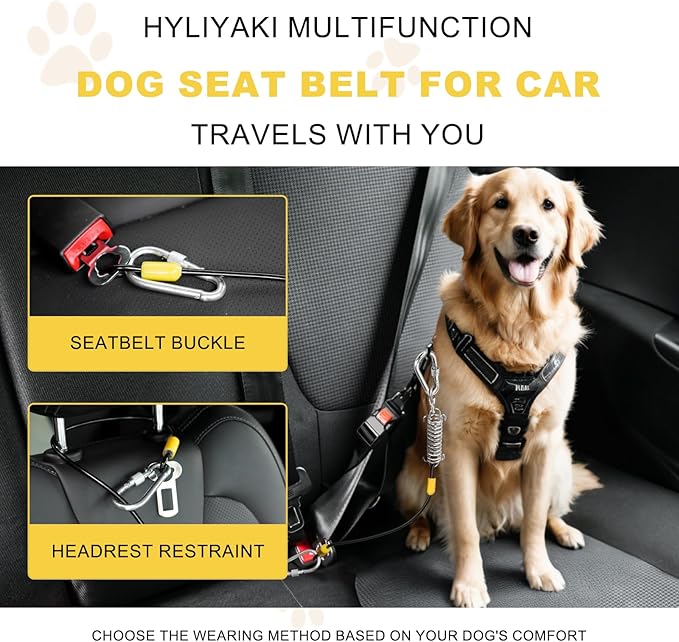 Dog Seat Belt Harness for Car, 5-in-1 Coated Wire Dog Seatbelt, HYLIYAKI Shock Spring-Loaded No Chew Pet Dog Car Seatbelt Leash, with Removable Reflective Short Leash (2 Pack Black, 16 inch/40 CM)