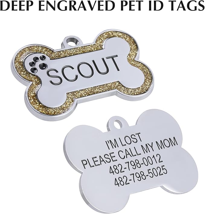 Personalized Dog Tags - Stainless Steel Deep Engraved Glitter Bone Shape Pet ID Tag, Double Sided Custom Text, Lightweight Durable Cat Dog Name Tag (Gold, L)