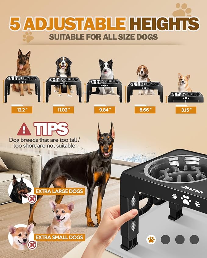 Elevated Dog Bowls, Dog Feeder with Stainless Steel Dishes & Slow Feeder Bowl, 5 Heights Adjustable Raised Stand for Medium Large, Food Dishes with Non-Slip Feet