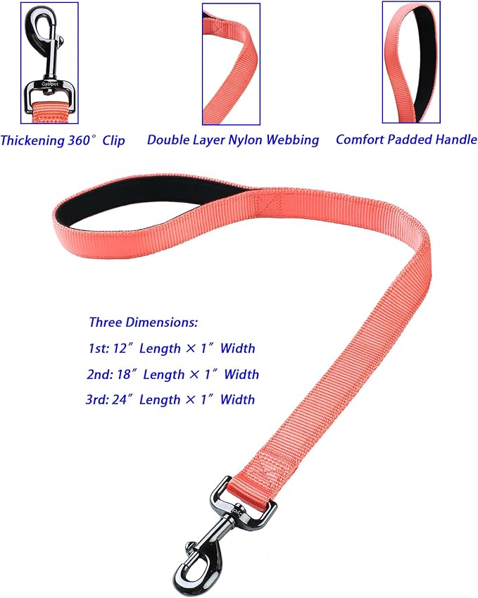 Premium 24 Inches Nylon Short Dog Leash with Heavy Duty Clasp and Soft Padded Handle for Large Medium Breed Dogs Daily Use Jogging,Walking,Training etc...(24 Inches, Living Coral)