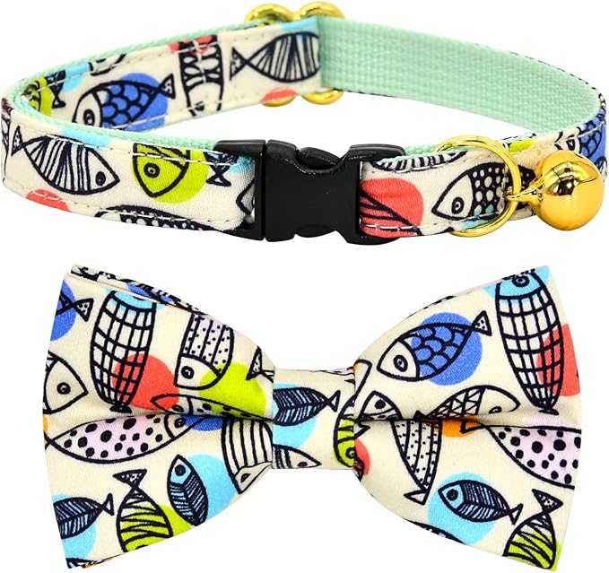 Breakaway Cat Collar Bowtie Bell, Line Fish, Wedding/Birthday Gift for Kitten