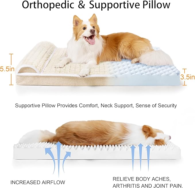Orthopedic XL Dog Bed Large Sized Dog with Pillow 48''X30'', Waterproof Soft Comfortable Egg Crate Foam Pet Crate Beds Mat with Removable Washable Cover and Non-Slip Bottom, Cream