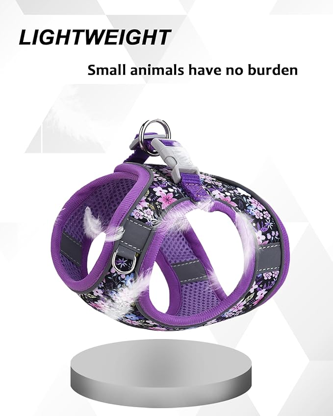 XS Purple Flower Pattern Dog Harness and Leash Set,No Escape Puppy Harnesses for Training Walking，Breathable Adjustable Puppy Vest for Small Medium Dogs, Cats (Purple, XS)