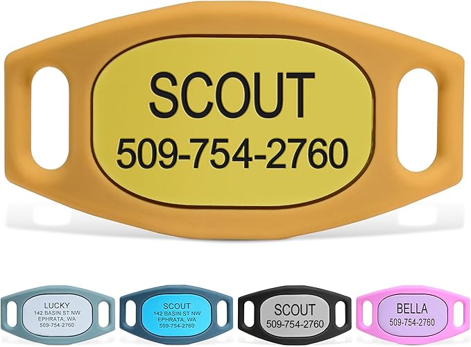 GoTags Silent Dog Tag, Personalized Engraved Silicone and Cat Name Pet ID Tags, Soundless Quiet Slide On Nameplate for Collars, No More Jingling Tags (Yellow, Medium)