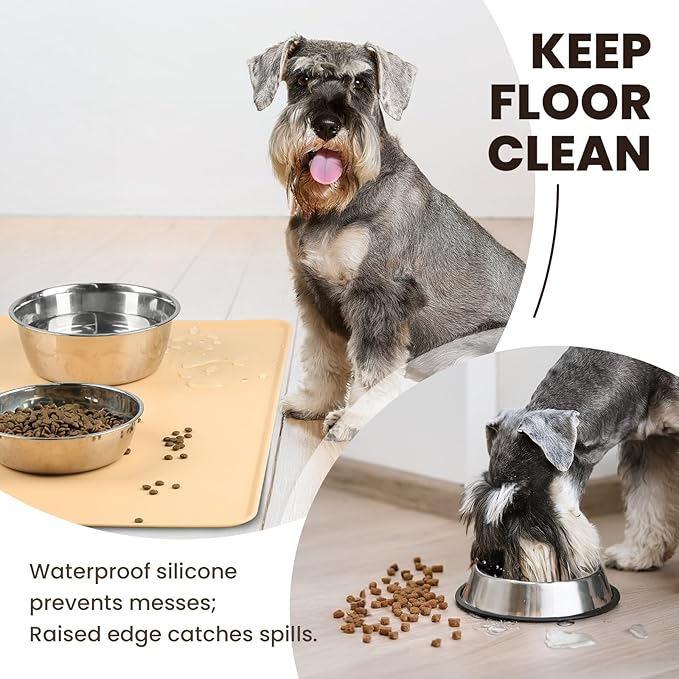VIVAGLORY Dog Food Mat Flexmat Dog Bowl Mat, Placemat Food Tray with Raised Edges & Lip for Indoor Floor, Non Slip Waterproof Silicone Dish Placemat for Cat & Pet, S, Beige Yellow
