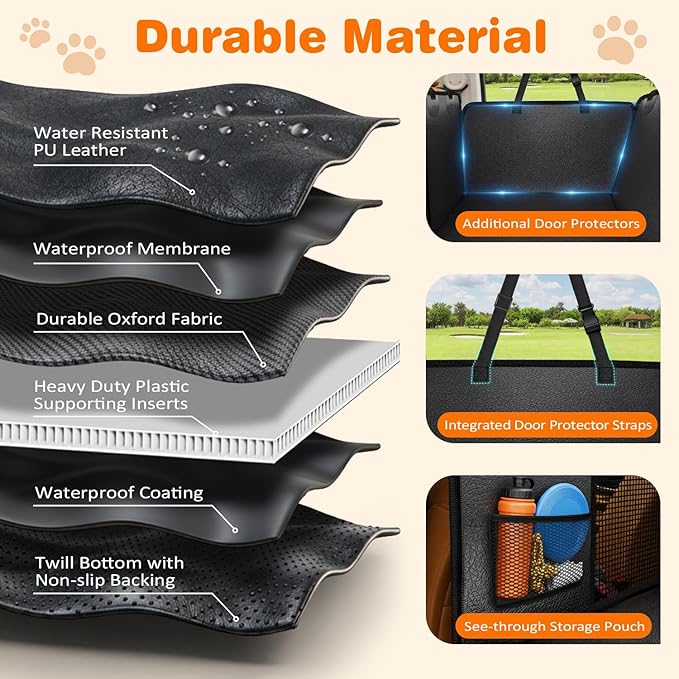 URPOWER PU Leather Backseat Extender for Dogs, Hard Bottom Dog Car Seat Cover for Back Seat, Waterproof Dog Car Hammock Anti-Scratch Pet Rear Seat Protector Travel Bed for Car and SUV