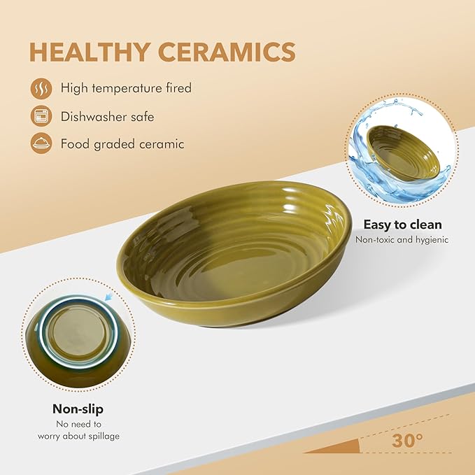 Ceramic Wide Whisker Friendly Cat Dishes, Set of 3 Ceramic Cat Bowls, Anti-Slip Indoor Kitten Feeding Food& Water Dish to Prevent Whisker Fatigue(3 Pcs, Matcha Green)