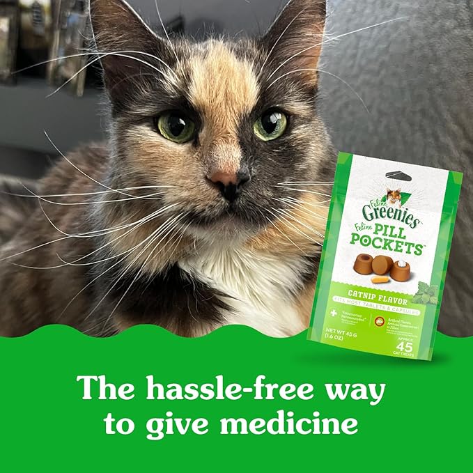 Greenies Feline Pill Pockets for Cats Natural Soft Cat Treats, Catnip Flavor, 1.6 oz. Pouch (45 Treats)