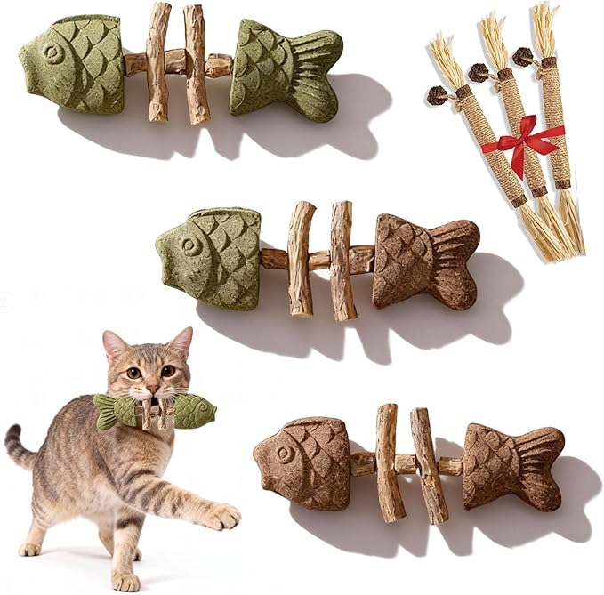 Purrident Natural Dental Chew Toy for Cats - Fishbone Shape with Catnip & Silvervine, Teeth Cleaning Stick for Interactive Play & Kitten Health Comes with 3 Cat Teething Sticks (D*3Pcs)