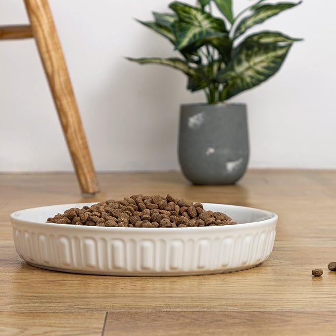 Fun Elements Shallow Dog Bowls, 8" Ceramic Dog Food Plate for Small and Medium Breeds, Non-Slip, Flat and Wide, Dishwasher Safe, Suitable for Puppies and Kittens (White)