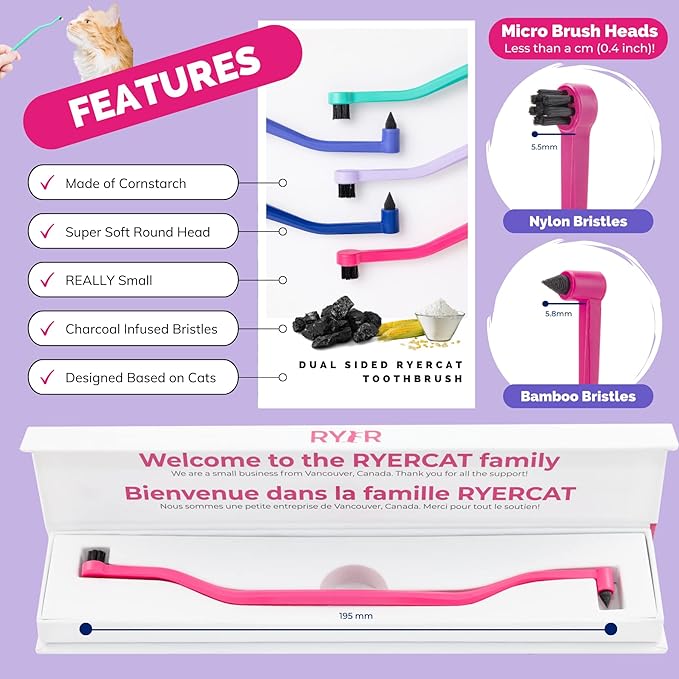 RYERCAT Flamingo Dual Sided Cat Toothbrush - Micro Head ToothBrush to fit into Cat's Mouth - Cat Dental Supplies