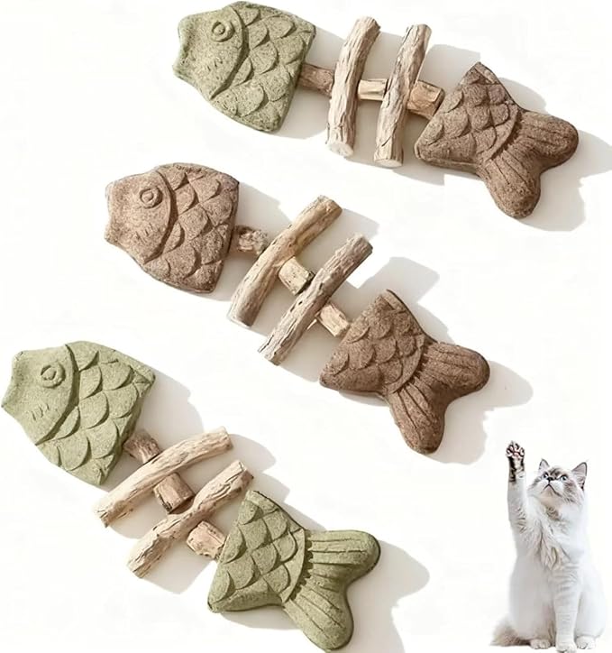 3PCS Creative Fish Bone Cat Toy, Fix Cat Dental Health, Natural Dental Chew Toy for Cats, Fishbone Shape Cat Teething, CatChew with Catnip, Durable Feline Tooth Care Tool