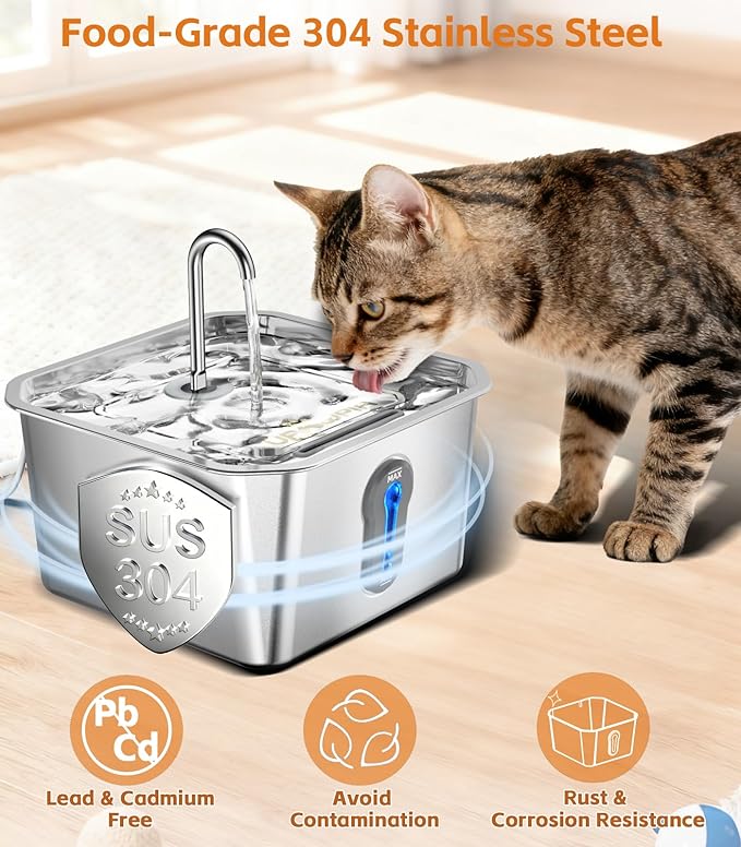 UPAWPIA 4L/135oz Large Cat Water Fountain Stainless Steel with 3 Filters Pet Water Fountain for Cats Quiet Indoor Pets Dog Small Animal Automatic Dog Water Dispenser for Drinking Watering Supplies