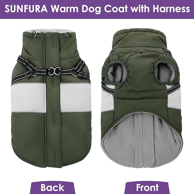 SUNFURA Dog Coat for Large Dogs, Warm Pet Jacket Winter with Harness Built in, Waterproof Pet Snow Jacket with Furry Collar, Reflective Fleece Snowsuit for Extra Large Dogs, Army Green XL