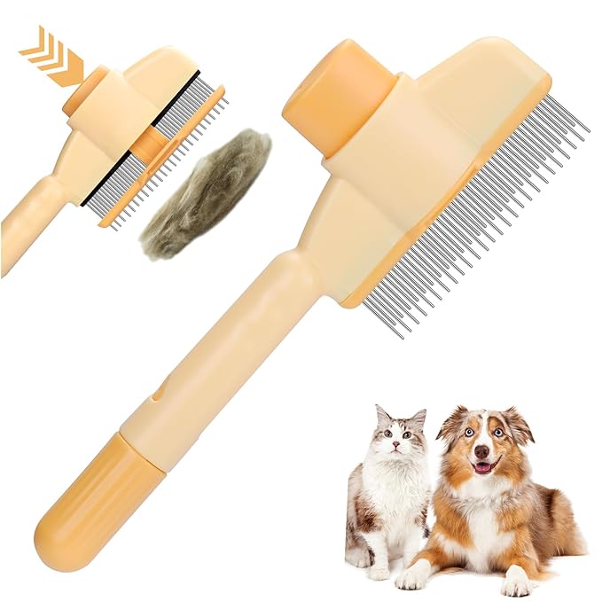 XANGNIER Pet Hair Removal Comb One-Click Self-Cleaning Grooming Brush, De-Shedding Comb for Short & Long Hair, Pet Grooming Supplies for Cats & Dogs, Yellow
