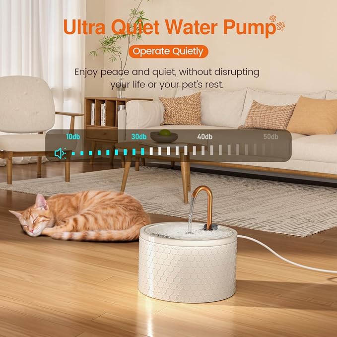 MISFANS Ceramic Cat Water Fountain - 2.1L/71oz - Honeycomb Embossed All-Ceramic Body & Pure Copper Spout - Non-Toxic & Automatic Pet Drinking Fountain Indoor with Ultra-Quiet Pump, 3 Filters & Sponge