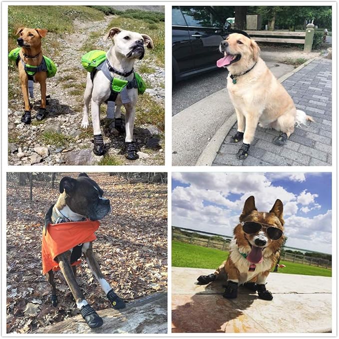 PK.ZTopia Waterproof Dog Boots, Dog Outdoor Shoes for Medium to Large Dogs with Two Reflective Fastening Straps and Rugged Anti-Slip Sole (Black 4PCS).