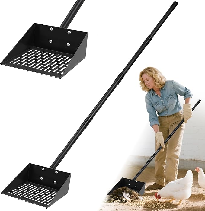 Alloy Steel Chicken Poop Scooper for Sand - 10” Large Chicken Coop Scoop - Simplified Cleaning 40-67” Poop Scoop with Adjustable Handle