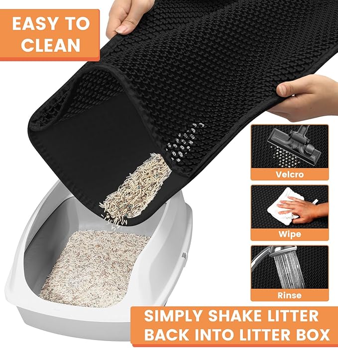 Cat Litter Mat, Litter Trapping Mat, 23.6” x15.7” Cat Mat for Litter Box, Cat Litter Mat Small, Honeycomb Double Layer Design, Waterproof & Urine Proof, Scatter Control, Non-Slip, Black, 1 Pack