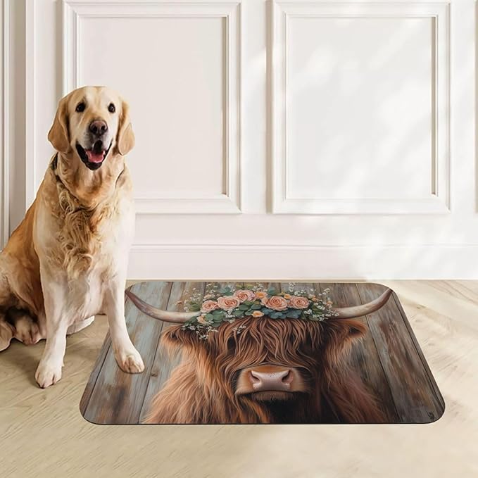 Highland Cow Dog & Cat Food Mat for Floors Waterproof,Quick Dry Anti-Slip Bowl Mats for Food and Water,Pet Feeding Mats,Pet Placemat for Messy Drinkers to Protect Floors,Pets Supplies 17.72×11.81in