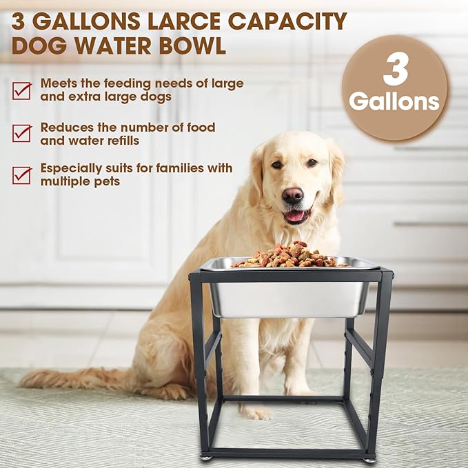 Elevated Dog Water Bowl 3 Gallons, 4 Height Adjustable Raised Dog Bowl Stand, Non-Slip, Stainless Steel Food & Water Feeding Bowls for Large Breed
