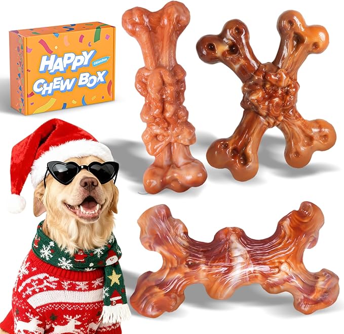 Dog Toys for Aggressive Chewers: Gift Box with 3 Pack Dog Chew Toys, Indestructible Dog Toy for Large Dogs Birthday, Tough Dog Toys to Keep Them Busy, Chew Toys for Dogs, Bacon Flavor