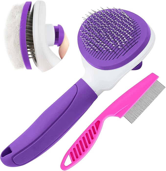 Cat Brushes for Indoor Cats, Dog Brush for Shedding with Metal Cat Comb, Self Cleaning Pet Hair Brush with Release Button for Grooming Kitten(Purple)
