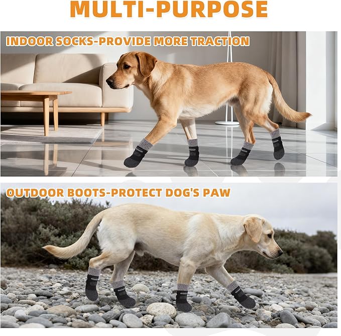 KOOLTAIL Anti Slip Winter Dog Socks to Prevent Licking Paws, Waterproof Snow Rain Long Dog Boots&Paw Protector, Warm Grippy Booties Reflective Double Straps for Hardwood Floor, Small Medium Large Dogs