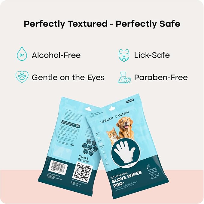 Uproot QuickClean Gloves Pro: 1 Month Supply - Extra-Thick Pet Glove Wipes for Dogs & Cats - Easy Wipe Paws, Eyes, Ears, Butt, & Body - Lick-Safe - Cleaning, Deodorizing & Grooming (6 Pack)