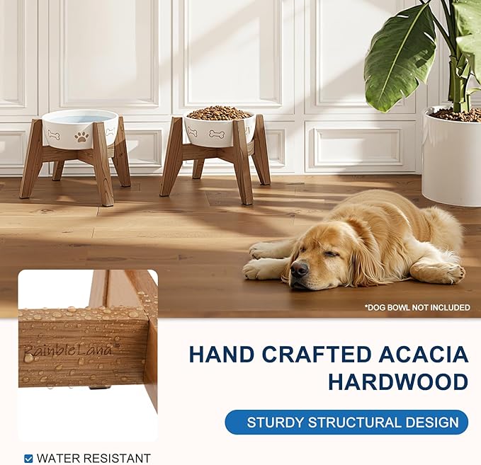 Dog Bowl Stand 7 inch High(Set of 2), Acacia Hardwood Elevated Stand, Raised Feeder for Small and Medium Dogs – Stand Only (Bowls Not Included)