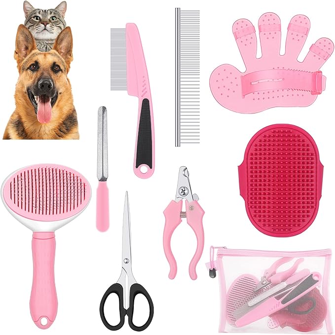 Yaomiao Dog Brush for Shedding,9 PCS in One Pet Slicker Hair Brush Kit with Pet Nail Clipper and File Dog Cat Grooming Deshedding Undercoat Rake Comb for All Small Large Dogs Cats(Fresh Color)