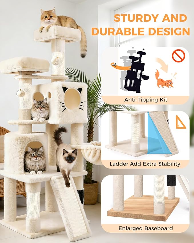 66in Multi-Level Large Cat Tree Tower for Indoor Cat/Kitties, Mordern Cat Tower with Sisal Scratching Posts, Condos and Hammock, Perches, Ramp for Climbing Heavy Duty