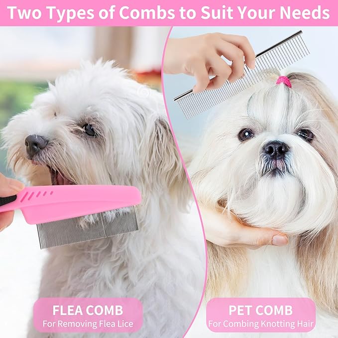 9 Pcs Pet Grooming Brush Set for Shedding, Professional Cats Dogs Long Hair Brush Nail Clipper And File Grooming Kit Self Cleanup Deshedding Multifunctional for Dogs Cats (Pink)