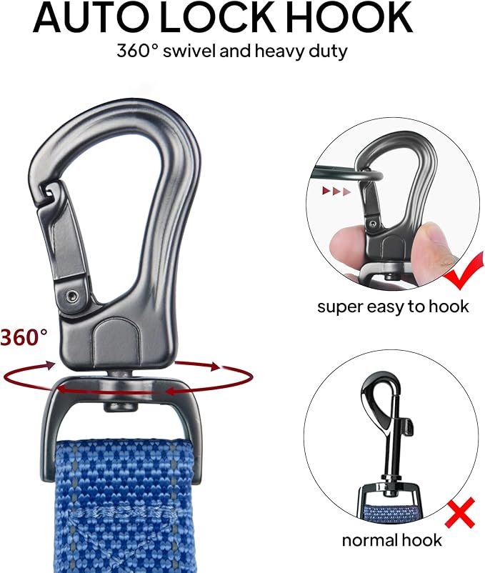 TwoEar 4FT 1IN Strong Dark Blue Dog Leash with 2 Padded Handles, Traffic Handle Extra Control, Comfortable Soft Dual Handle, Auto Lock Hook, Reflective Walking Lead for Small Medium and Large Dogs