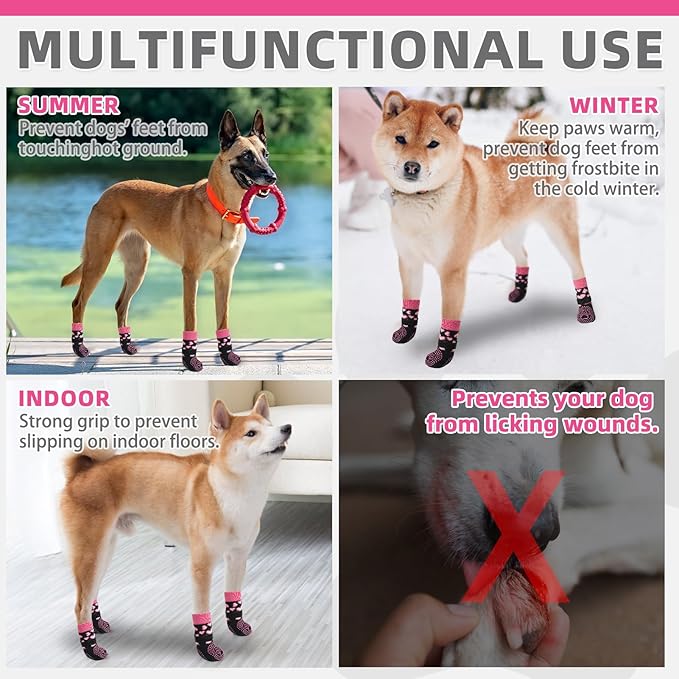 KOOLTAIL Anti Slip Dog Socks for Hot/Cold Pavement to Prevent Licking Paws, Dog Boots&Paw Protector with Grippers for Hardwood Floors,Pink Heart Valentine's Socks Booties for Small Medium Large Dogs M