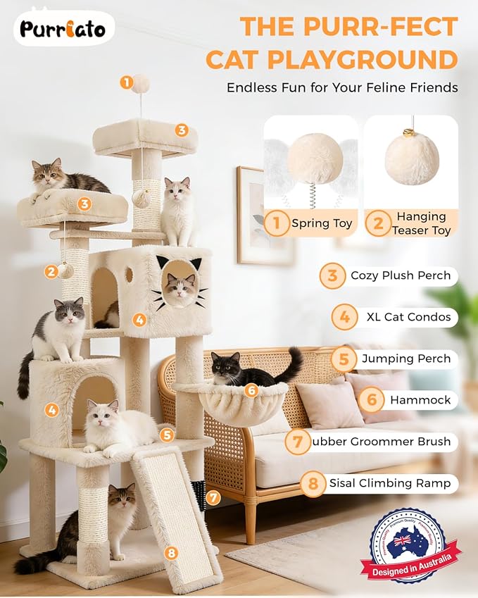 66in Multi-Level Large Cat Tree Tower for Indoor Cat/Kitties, Mordern Cat Tower with Sisal Scratching Posts, Condos and Hammock, Perches, Ramp for Climbing Heavy Duty